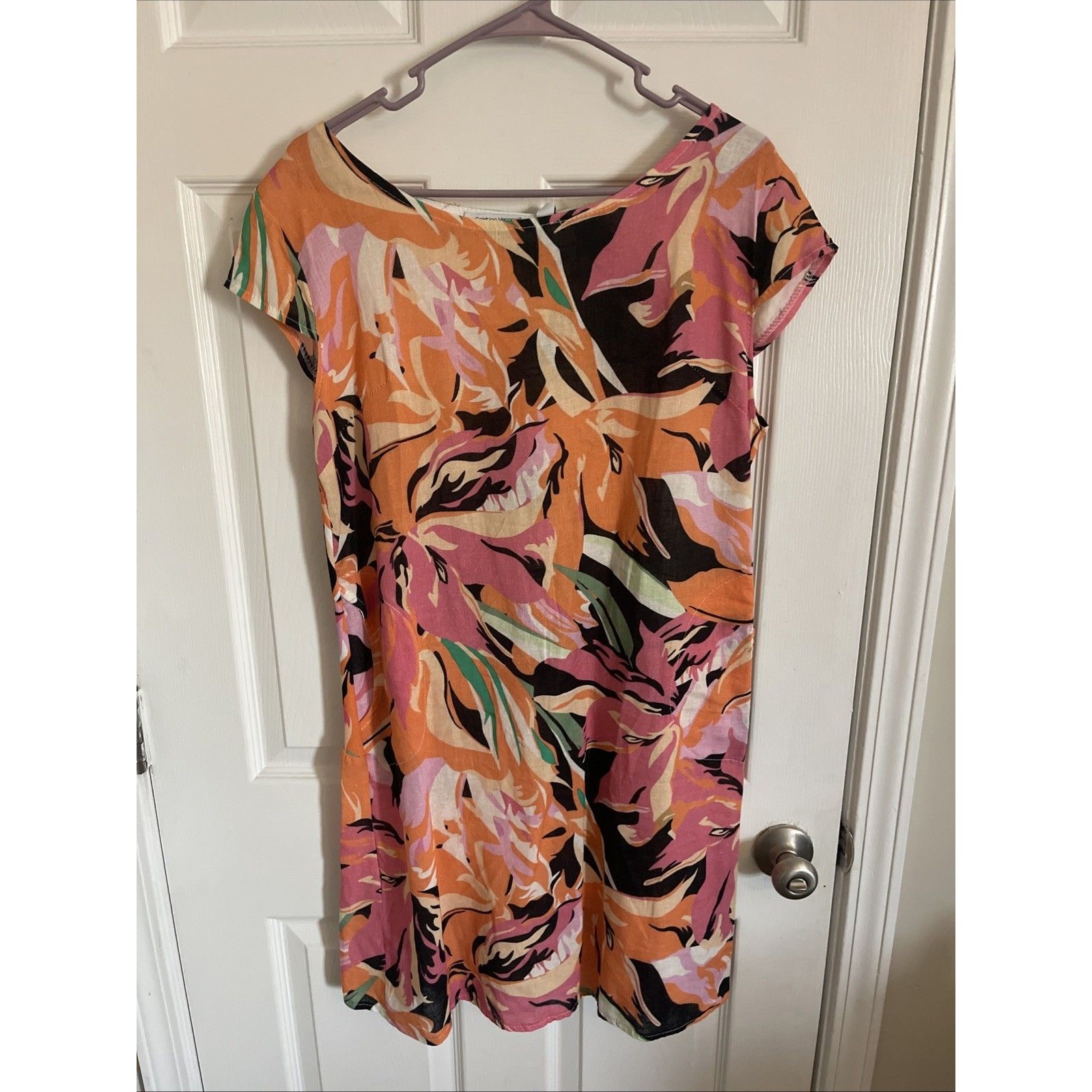 Cristina Vergani Womens Linen Dress Colorful V-Neck Midi Length Italy Size Large